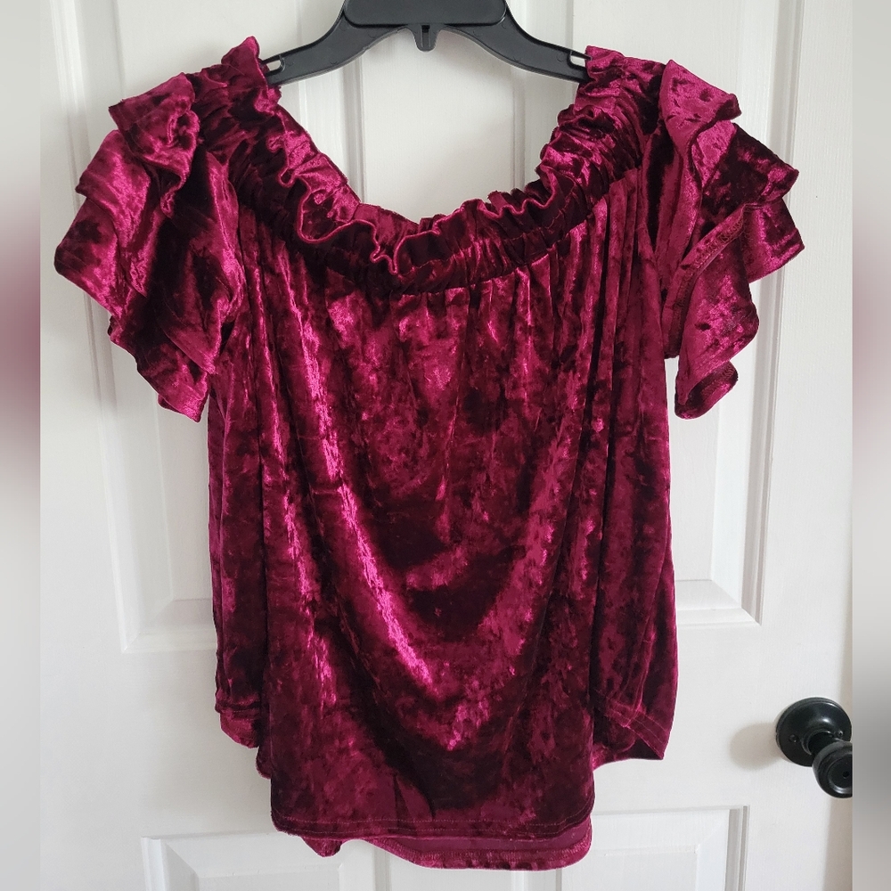 Umgee Women’s Velvet Ruffle Sleeve Top Burgundy Off Shoulder Blouse Large